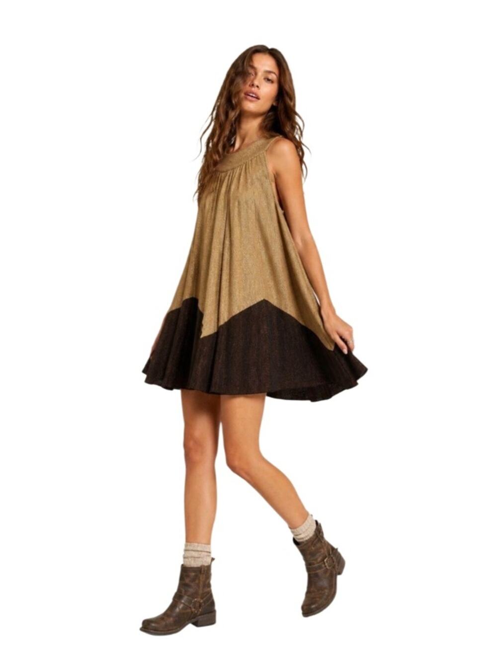 Free People Gold Brown Women Shimmer Pleated Shift Dress Size XS